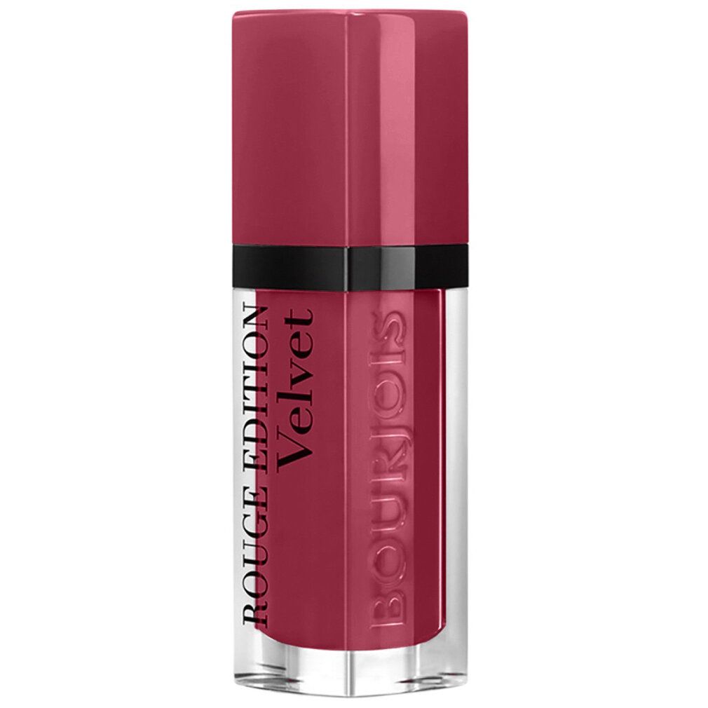 Rossetto rosso in confezione rettangolare. Scritta: Rouge Edition Velvet, Bourjois.