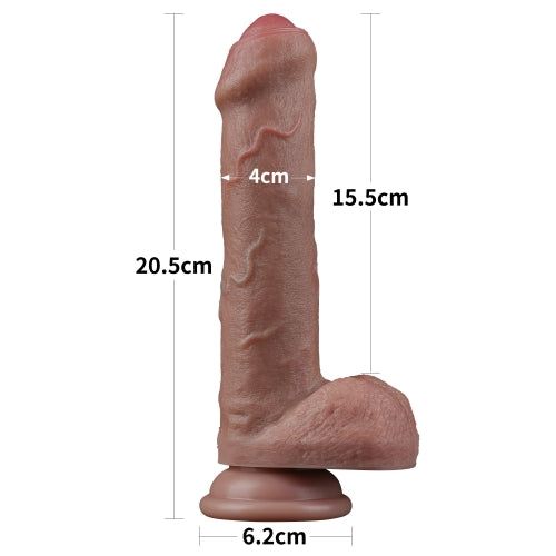 Dildo marrone, consistenza realistica. Dimensioni: 20,5 cm lungo, 15,5 cm alto, base 6,2 cm, diametro 4 cm.