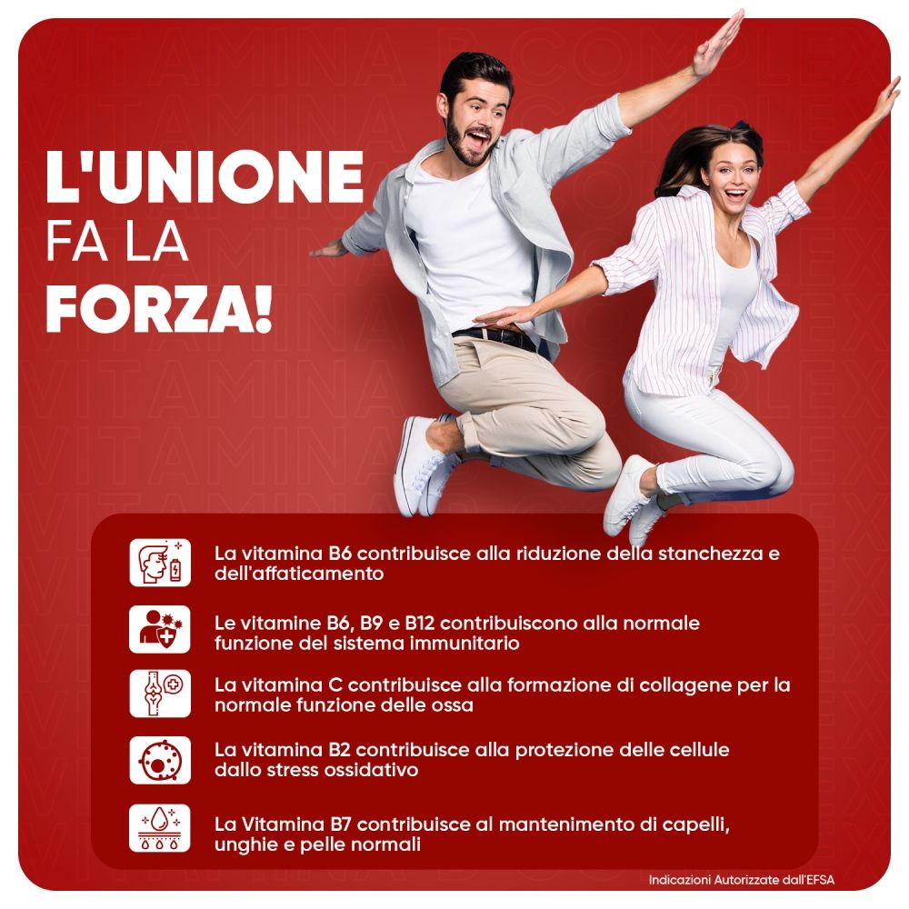 Due persone che saltano. Testo: L'UNIONE FA LA FORZA! Informazioni sugli effetti delle vitamine. Simboli.