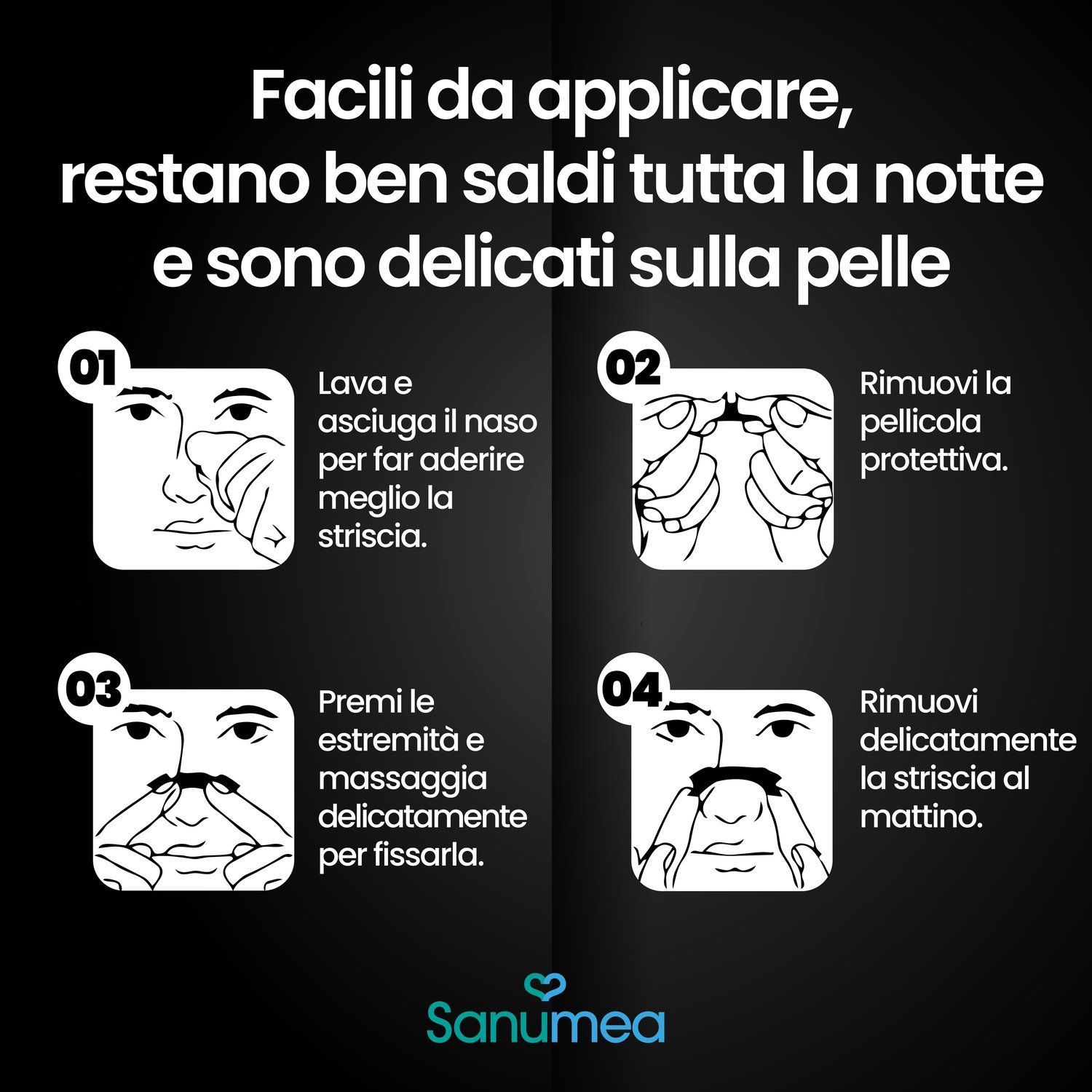 Istruzioni per l'applicazione di cerotti nasali in quattro passaggi.