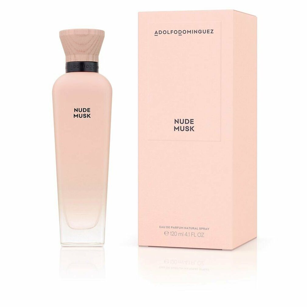 Flacone di profumo e confezione. Scritta: ADOLFODOMINGUEZ, NUDE MUSK. Sfumatura da rosa a trasparente.