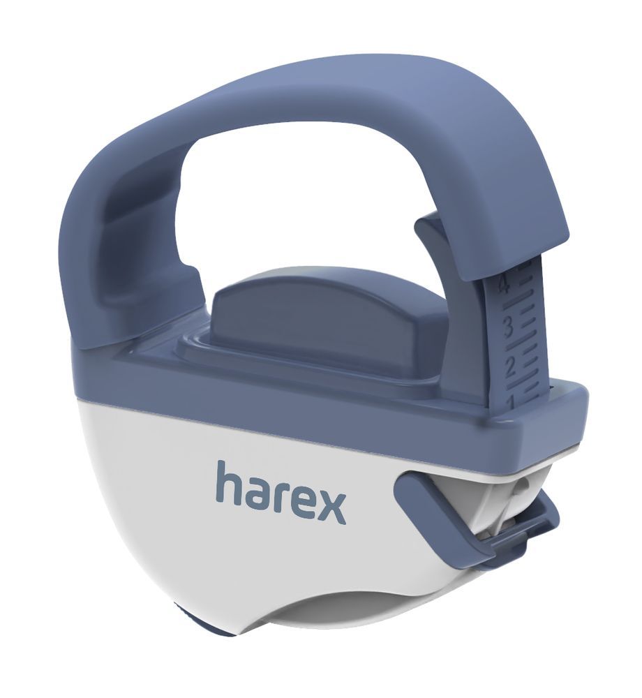 Dispositivo blu e bianco con scala e la scritta "harex".