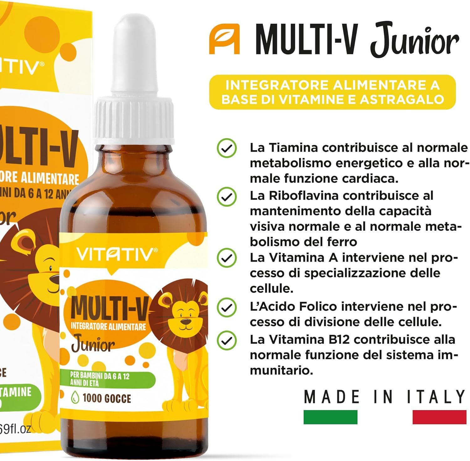 Flacone VITATIV® MULTI-V Junior. Contiene vitamine e astragalo. Testo sui benefici.
