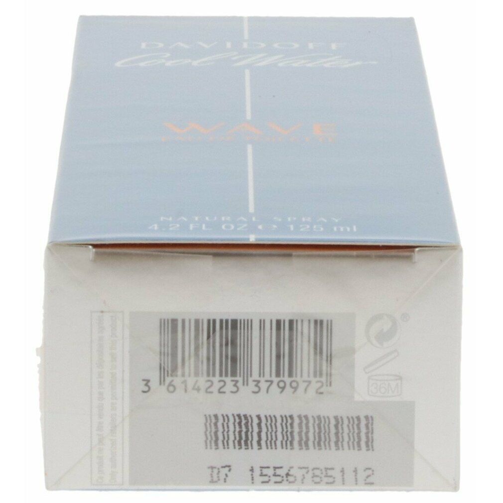 Fondo della confezione Davidoff Cool Water Wave EdT. Codice a barre, informazioni sul prodotto e simboli di riciclaggio.