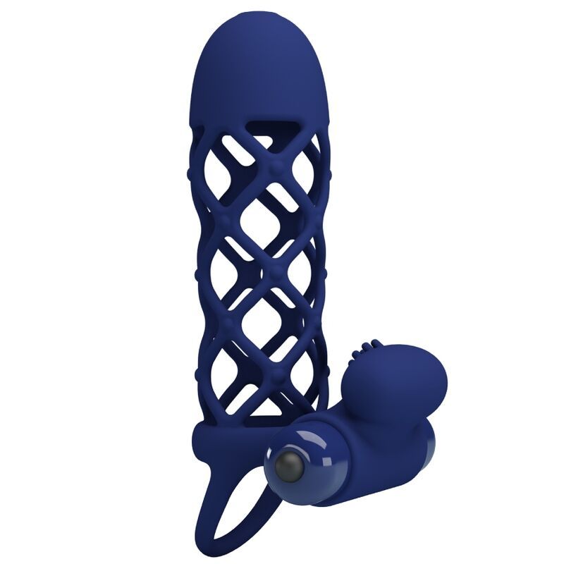 Vibratore blu scuro con struttura a rete e pulsante di vibrazione.