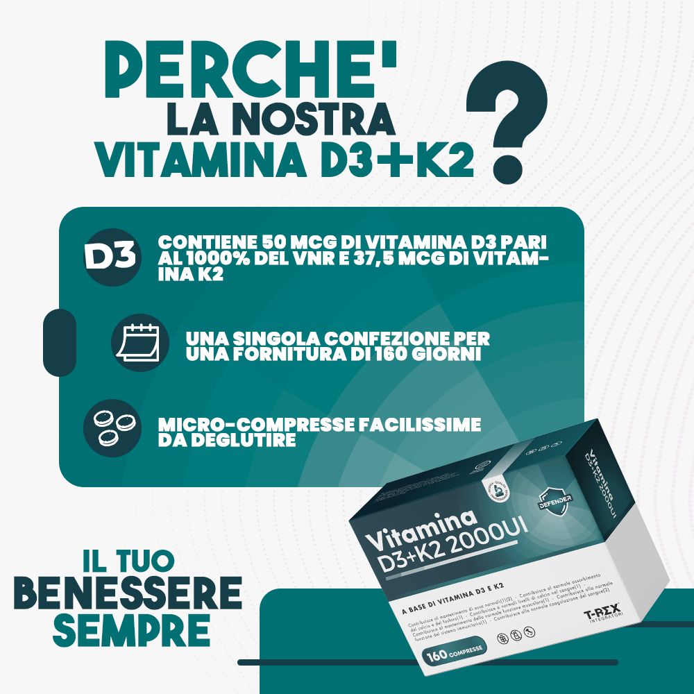 Scatola di compresse di vitamina D3+K2. Contiene 160 compresse. Testo: Vitamina D3+K2 2000UI. T-Rex Integratori.
