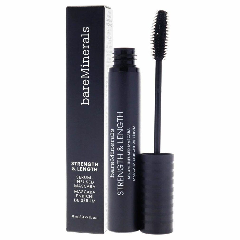 Tubo e confezione di mascara neri. Nome prodotto: Strength & Length. Marchio: BareMinerals.
