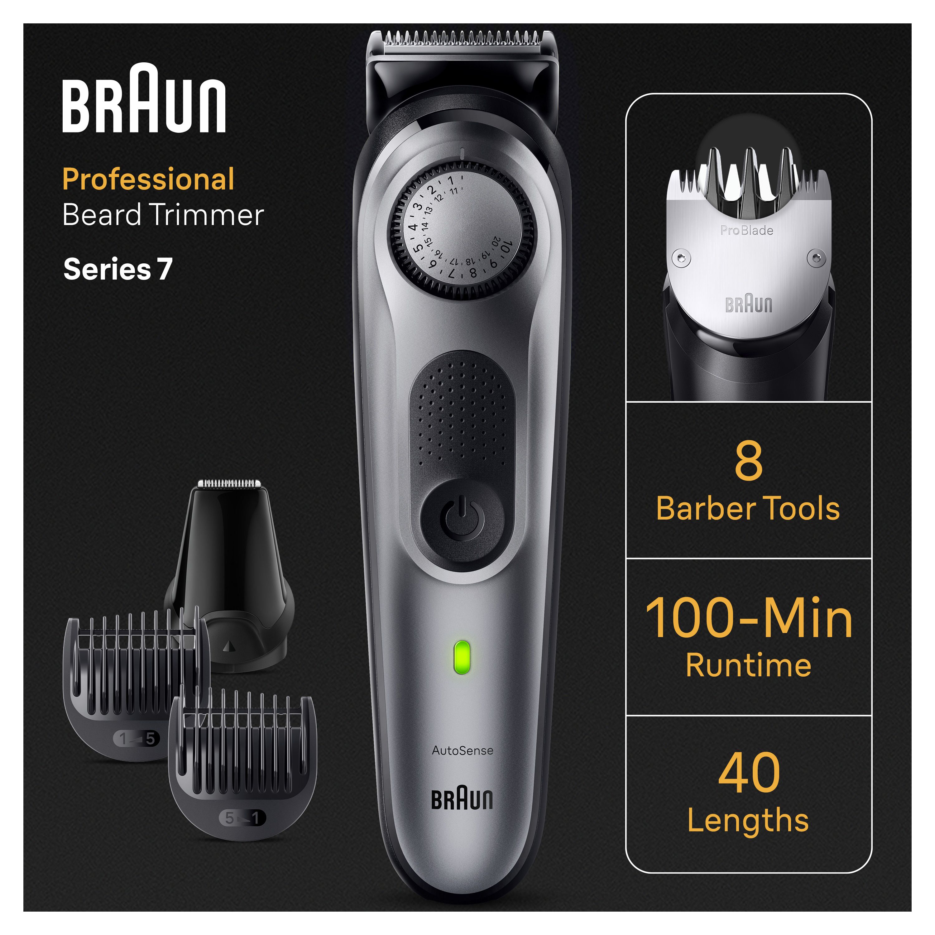 Trimmer per barba grigio Braun Series 7 con accessori. 8 strumenti, 100 min. autonomia, 40 lunghezze. Logo Braun.