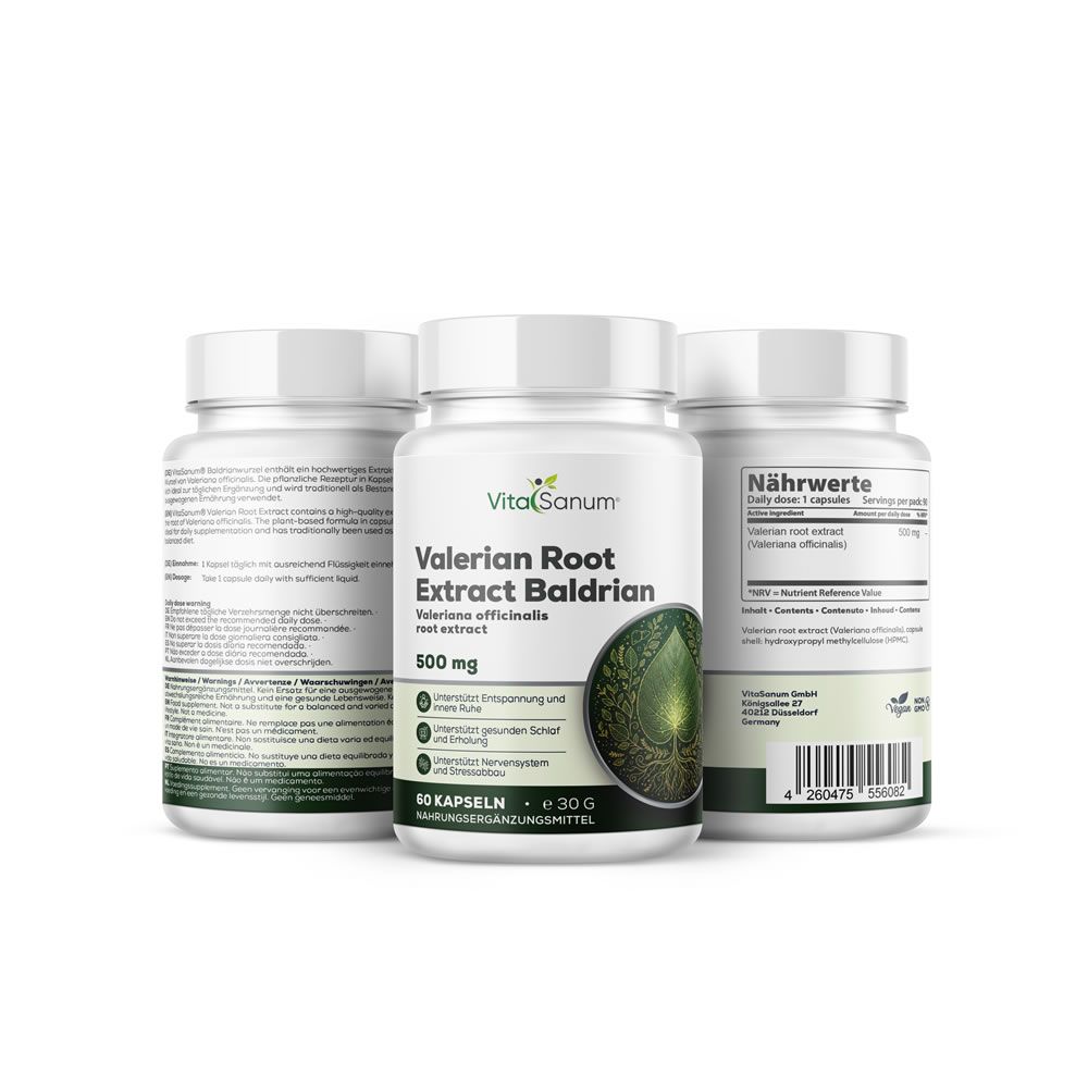 Tre flaconi bianchi con capsule. Scritta: VitaSanum, Valerian Root Extract Baldrian, 500 mg, 60 capsule.
