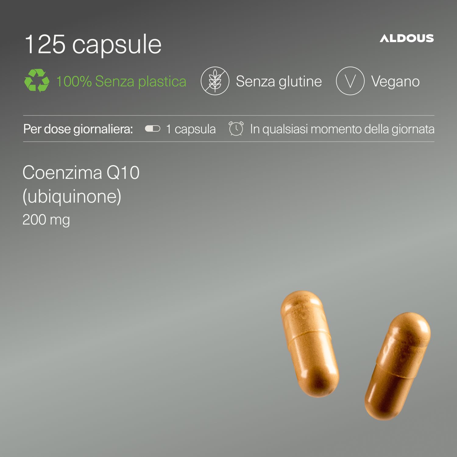 Due capsule Aldous Coenzima Q10 (200mg). Informazioni: 125 capsule, 100% senza plastica, senza glutine, vegano.