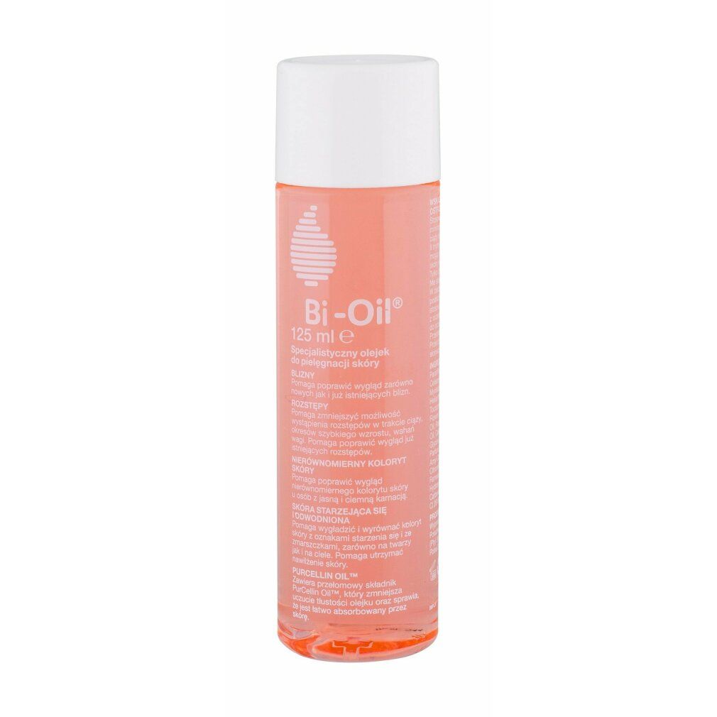Bio-Oil Skincare Oil. Flacone di liquido arancione con tappo bianco. Scritta: 125 ml. Informazioni sul prodotto.