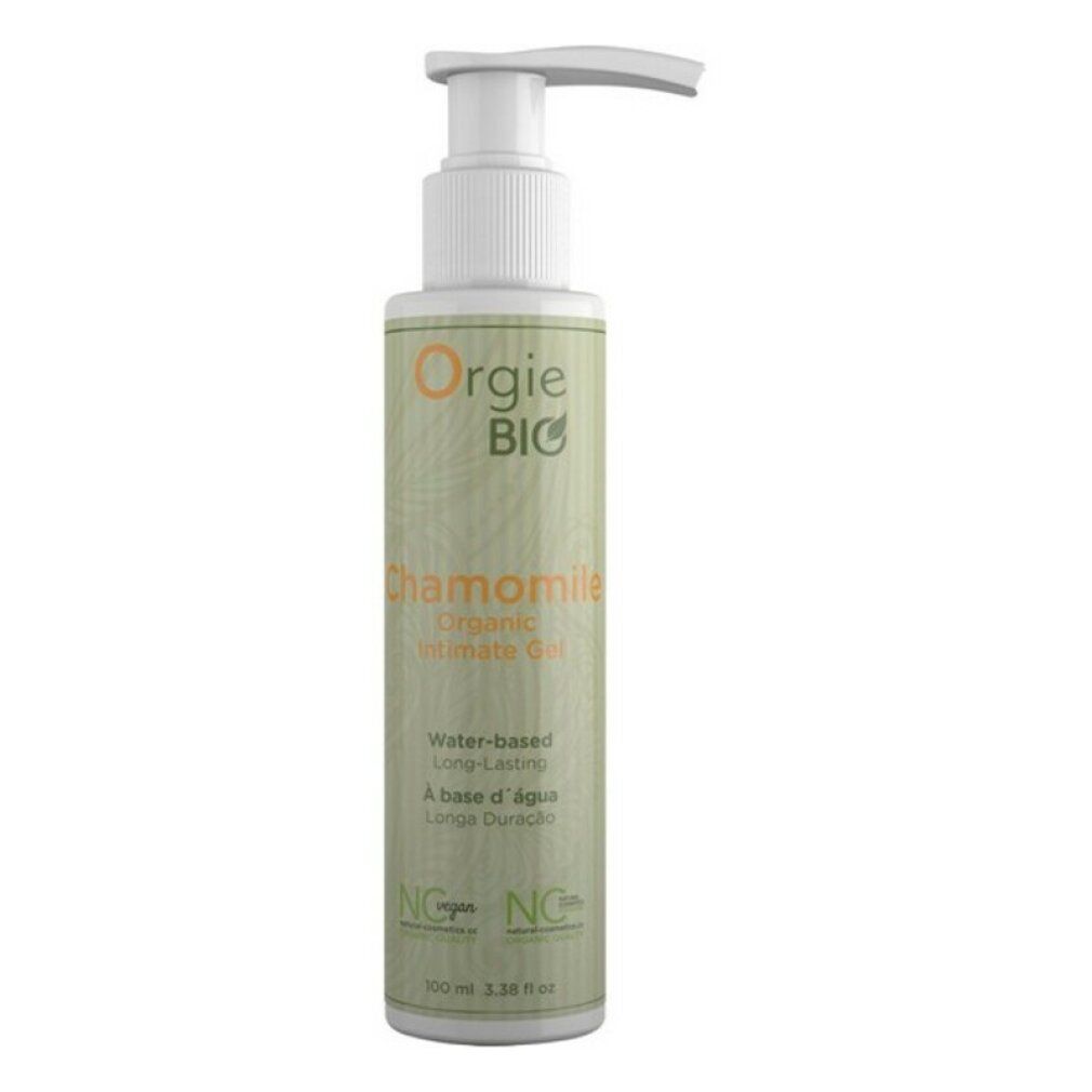 Flacone cilindrico con dosatore. Scritte: Orgie BIO, Chamomille, Organic Intimate Gel. Sigillo vegano.