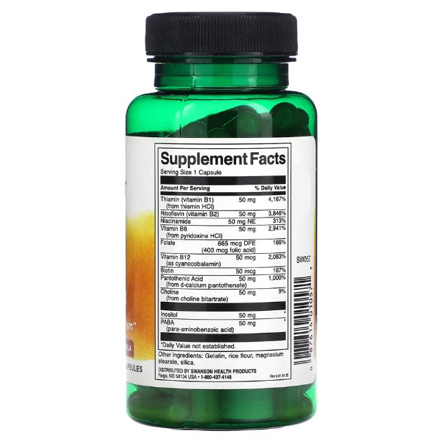 Retro del flacone verde. Mostra i valori nutrizionali di "SWANSON Balance B-50 Complex".
