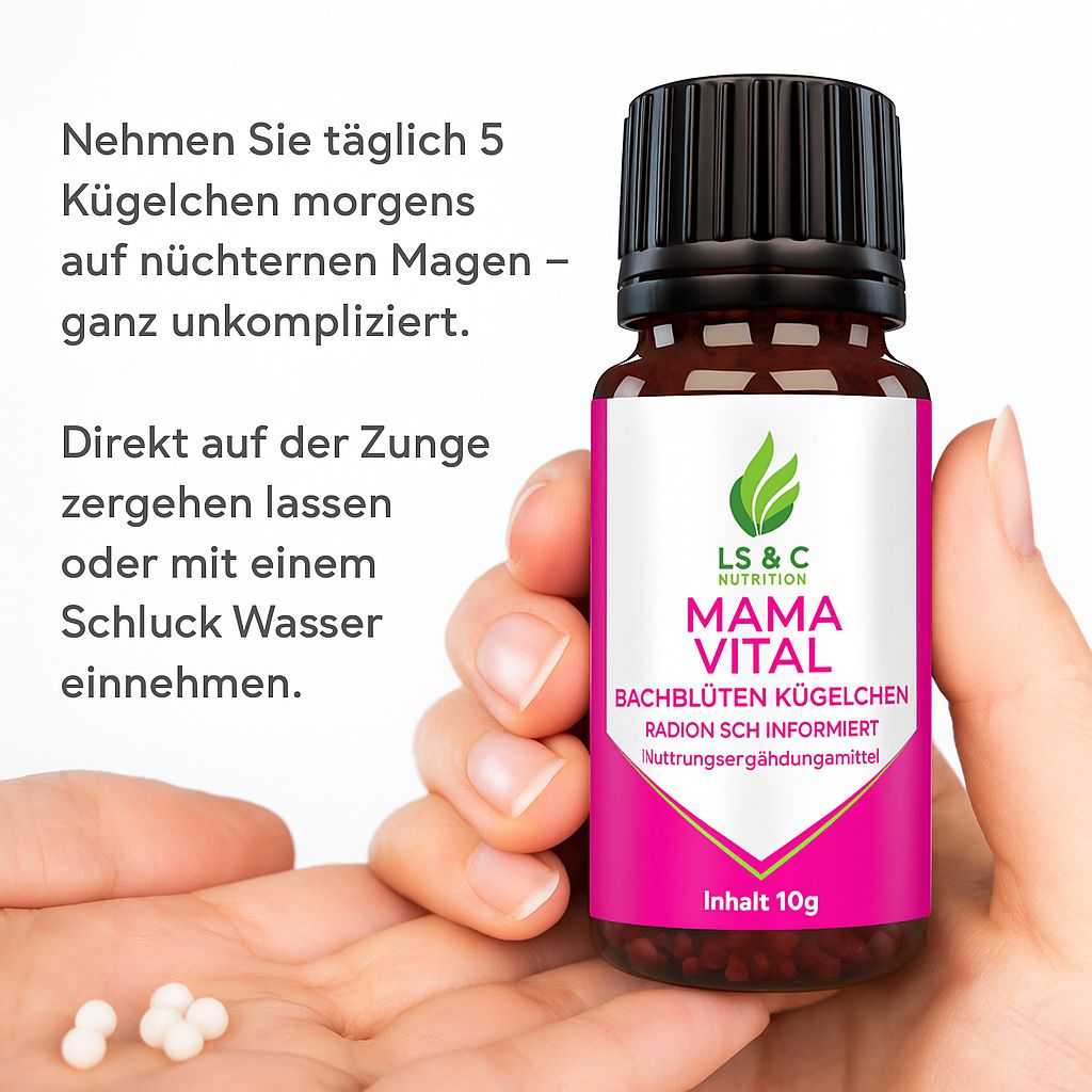 Flacone di vetro marrone con tappo nero ed etichetta rosa. Scritta: Mama Vital, globuli ai fiori di Bach, integratore alimentare. Contenuto 10g. Mano che tiene globuli.