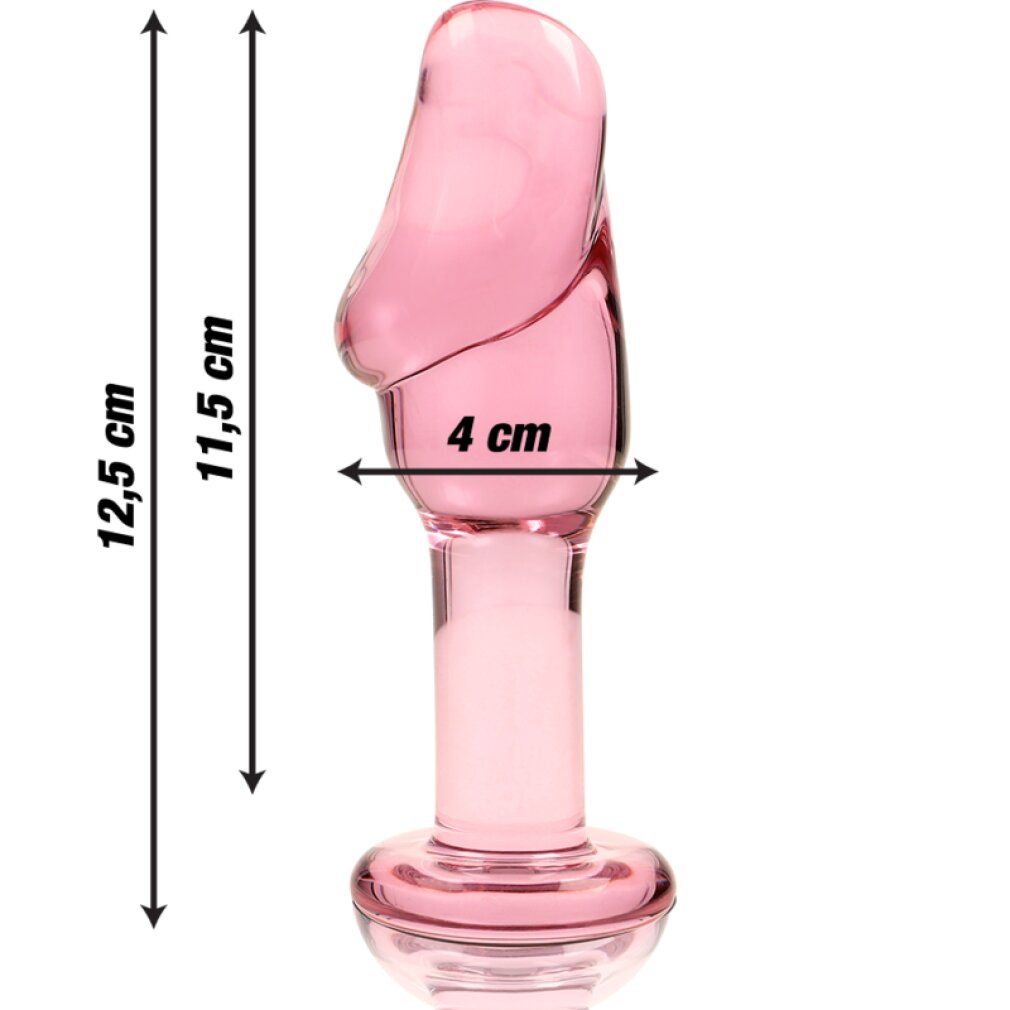 Plug anale in vetro rosa, 12,5 x 4 cm, con dimensioni.