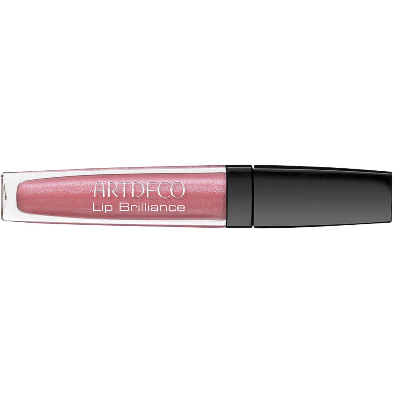 Artdeco Lip Brilliance. Contenitore trasparente con contenuto rosa. Tappo nero. Scritta 'Lip Brilliance'.