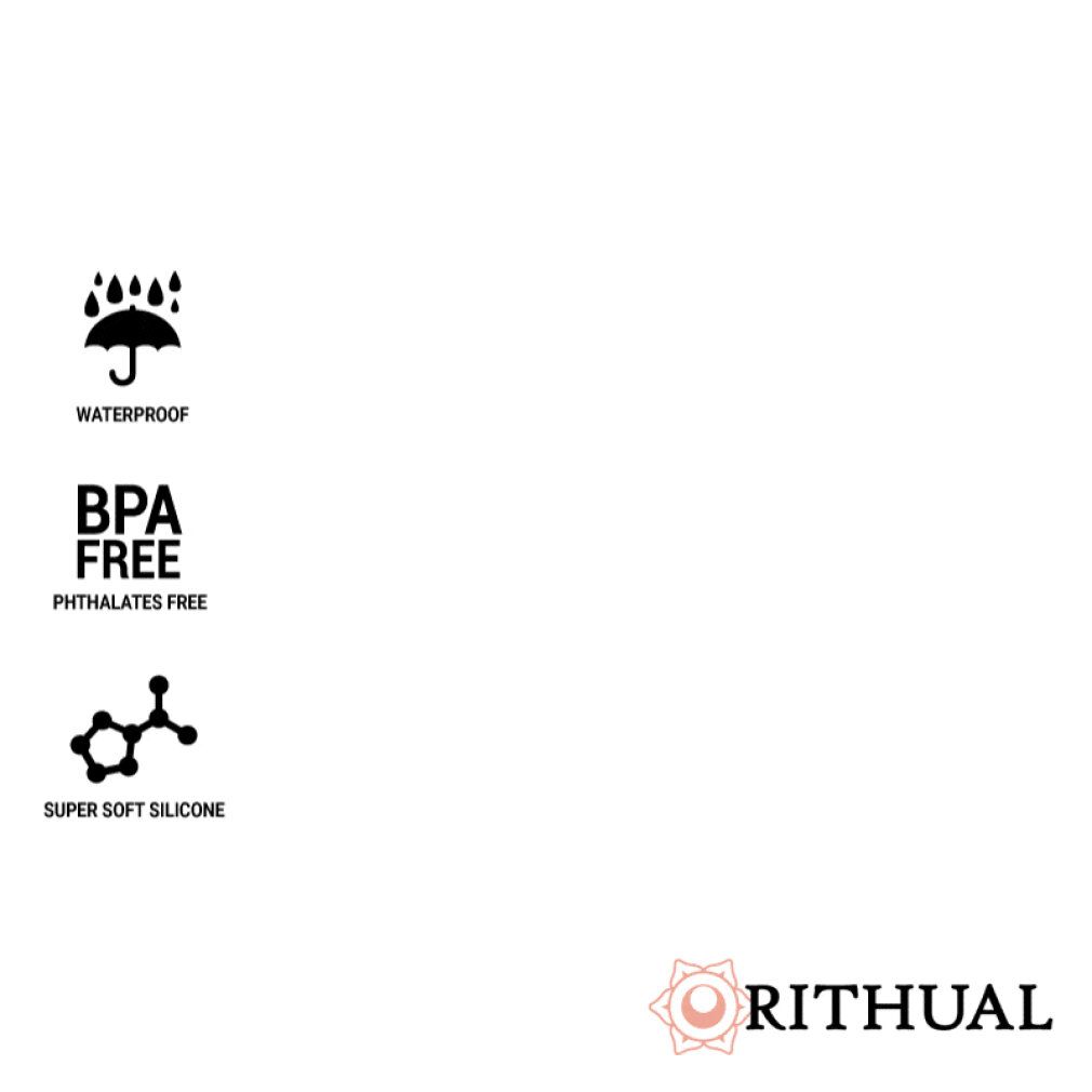 Logo Rithual. Simboli: impermeabile, senza BPA, senza ftalati, silicone super morbido.