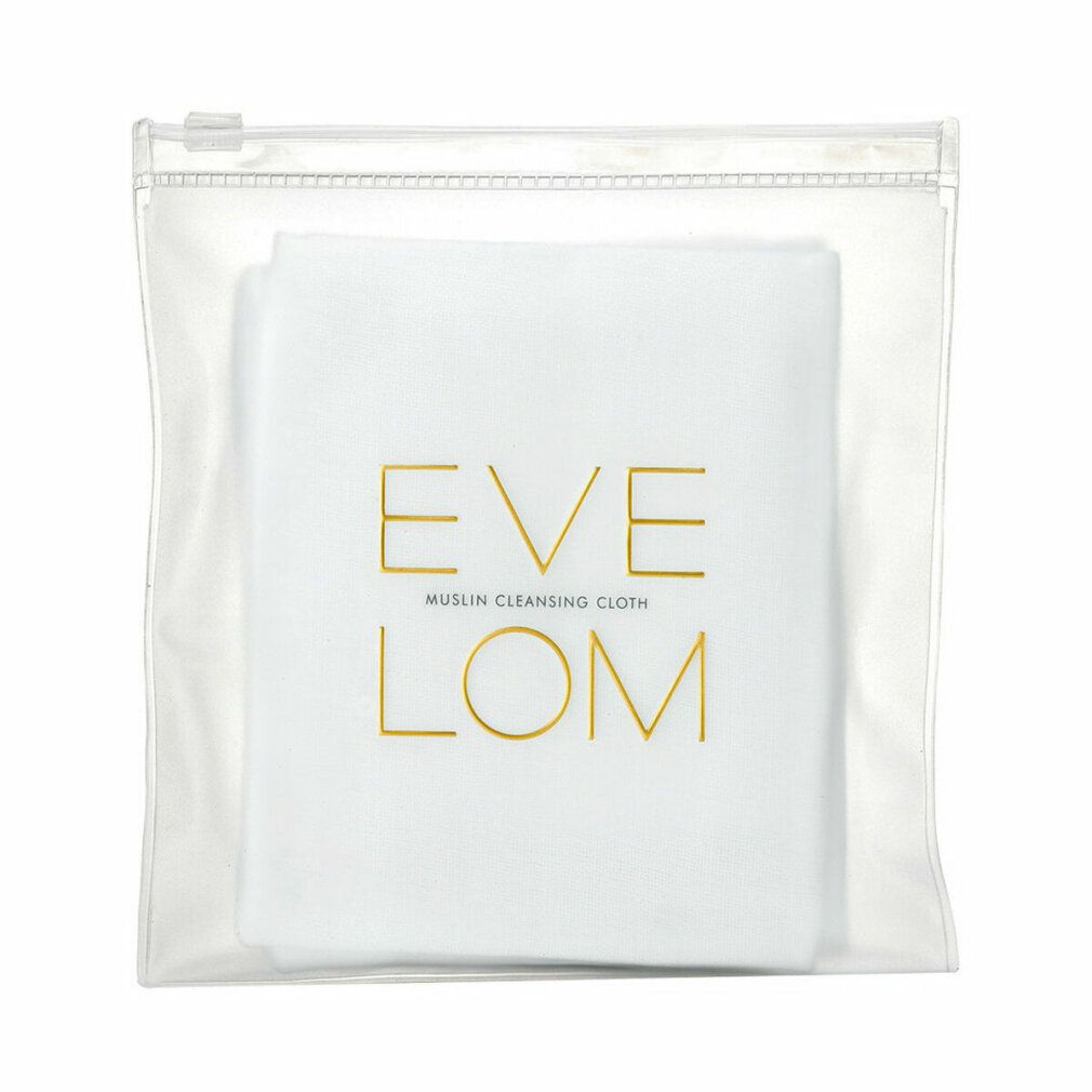 Panno bianco con scritta dorata 'EVE LOM MUSLIN CLEANSING CLOTH' in busta trasparente con zip.