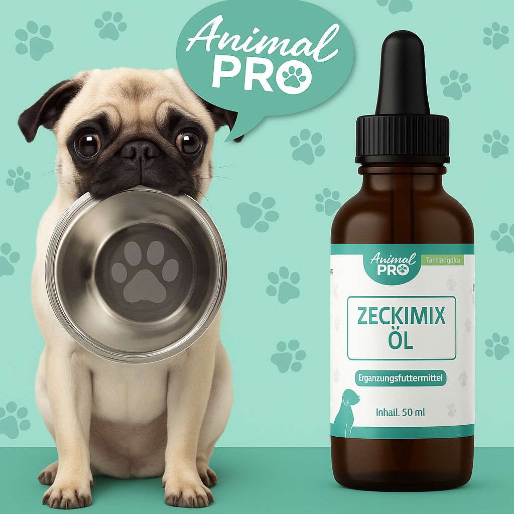 Flacone di vetro marrone con contagocce nero. Etichetta con nome e logo del prodotto. Cane con ciotola.