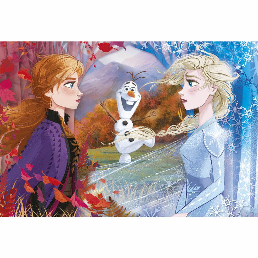 Puzzle Frozen. Anna, Elsa e Olaf davanti a un paesaggio autunnale. 60 pezzi. Marchio Clementoni. Consigliato per bambini dai 4 anni in su.