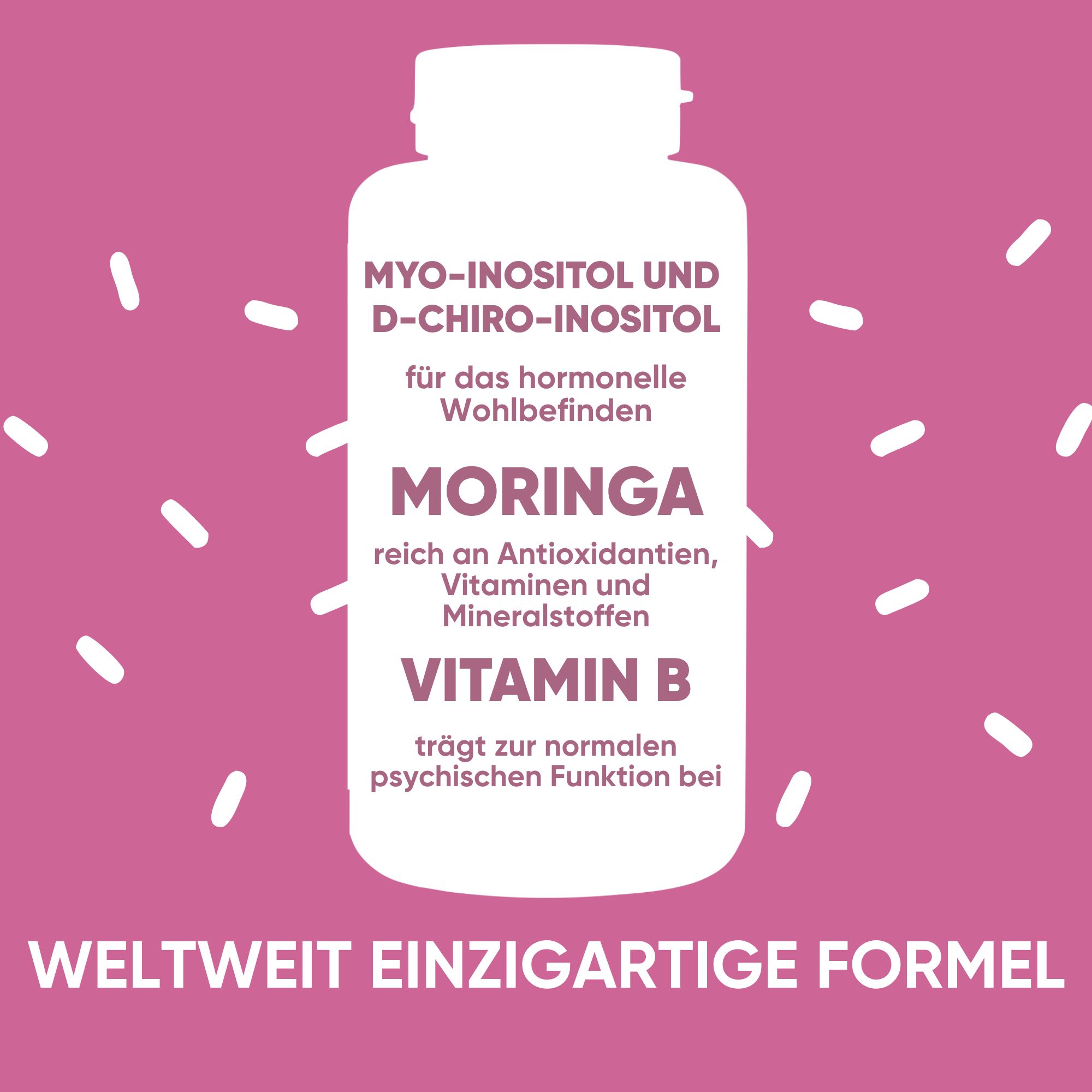 Flacone con Myo-Inositolo, D-Chiro-Inositolo, Moringa e Vitamina B per il benessere ormonale.