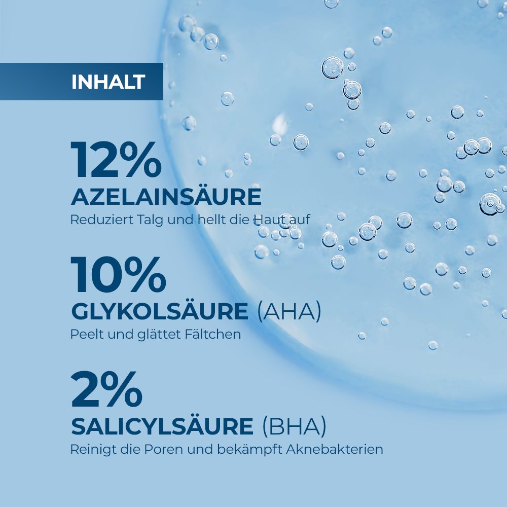 Primo piano di liquido con testo: 12% acido azelaico, 10% acido glicolico (AHA), 2% acido salicilico (BHA).