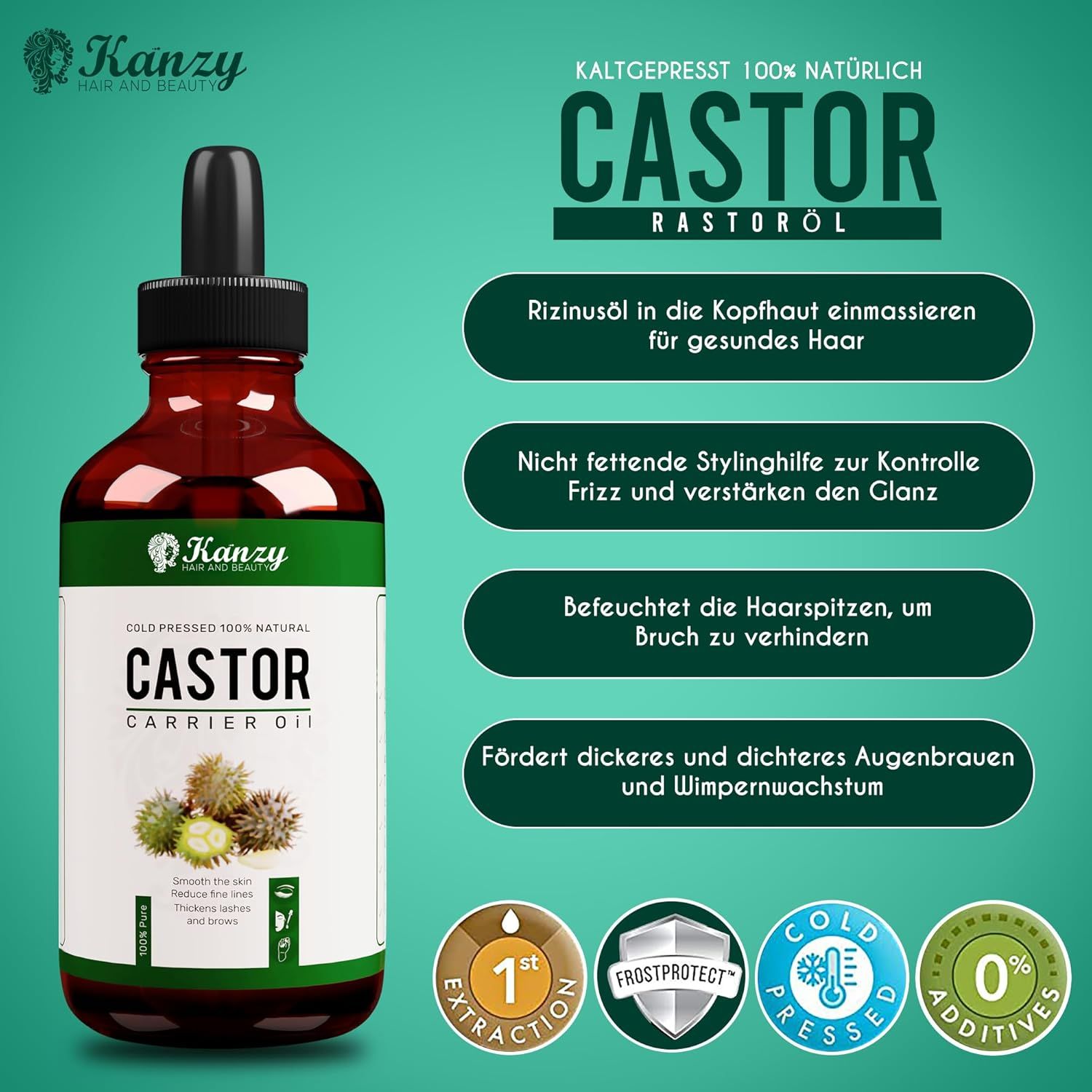 Flacone marrone con contagocce. Etichetta con informazioni sul prodotto. Logo Kanzy. Scritta: Castor Carrier Oil. Sigilli: 1st Extraction, Cold Pressed, 0% Additives.