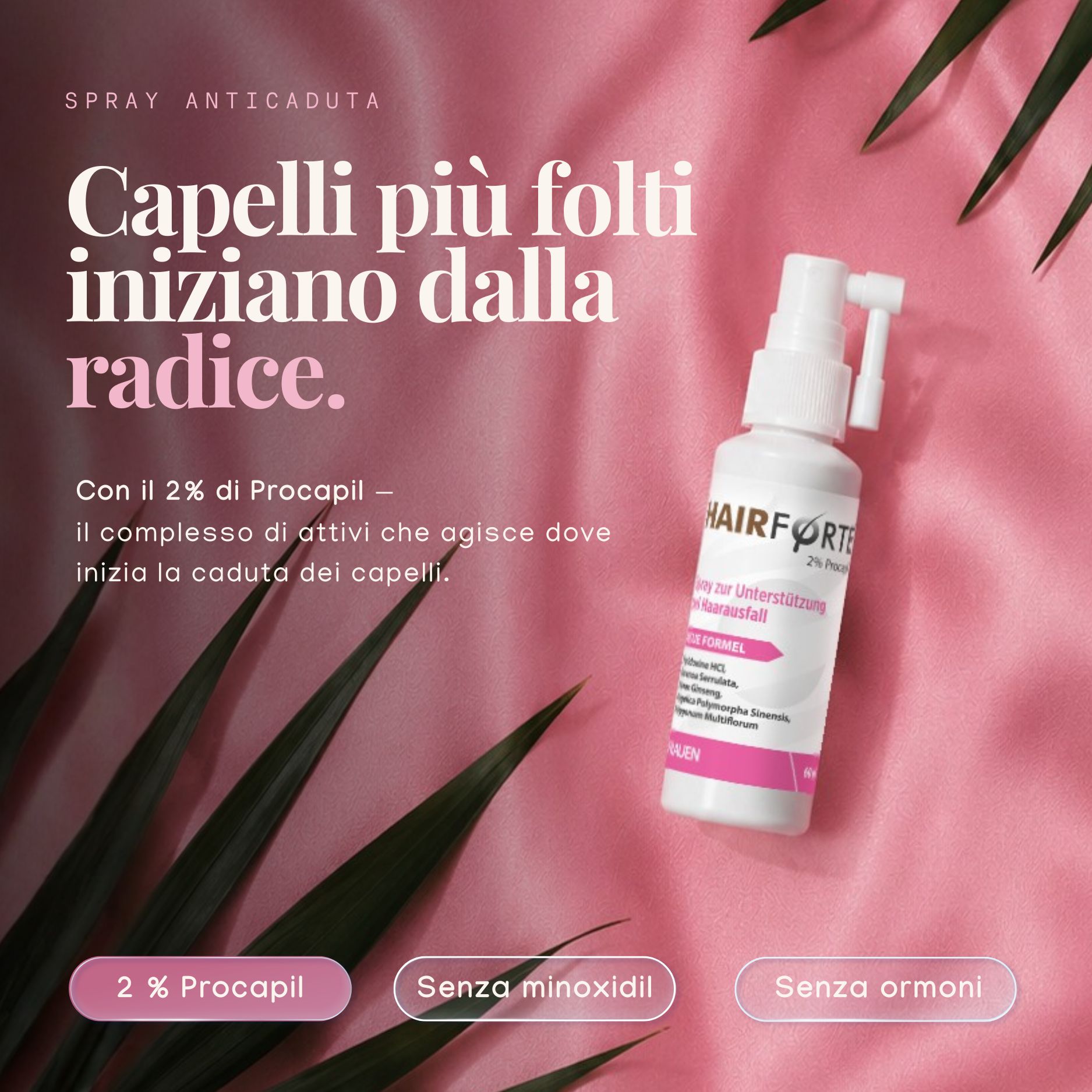 Spray Hairforte 2% Procapil su sfondo rosa con foglie di palma.