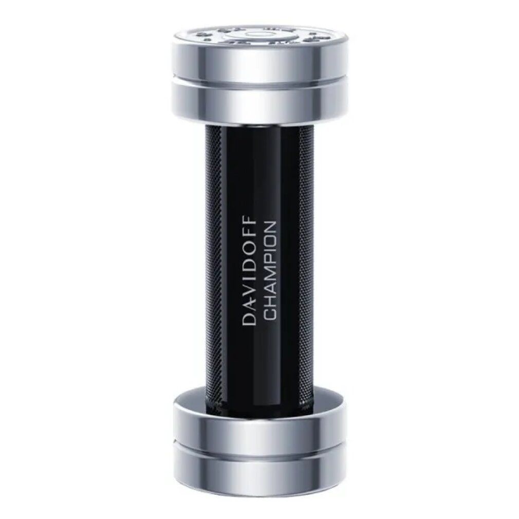 Davidoff Champion Eau de Toilette Spray. Flacone a forma di manubrio, cilindro nero, estremità argentate. Su sfondo bianco.