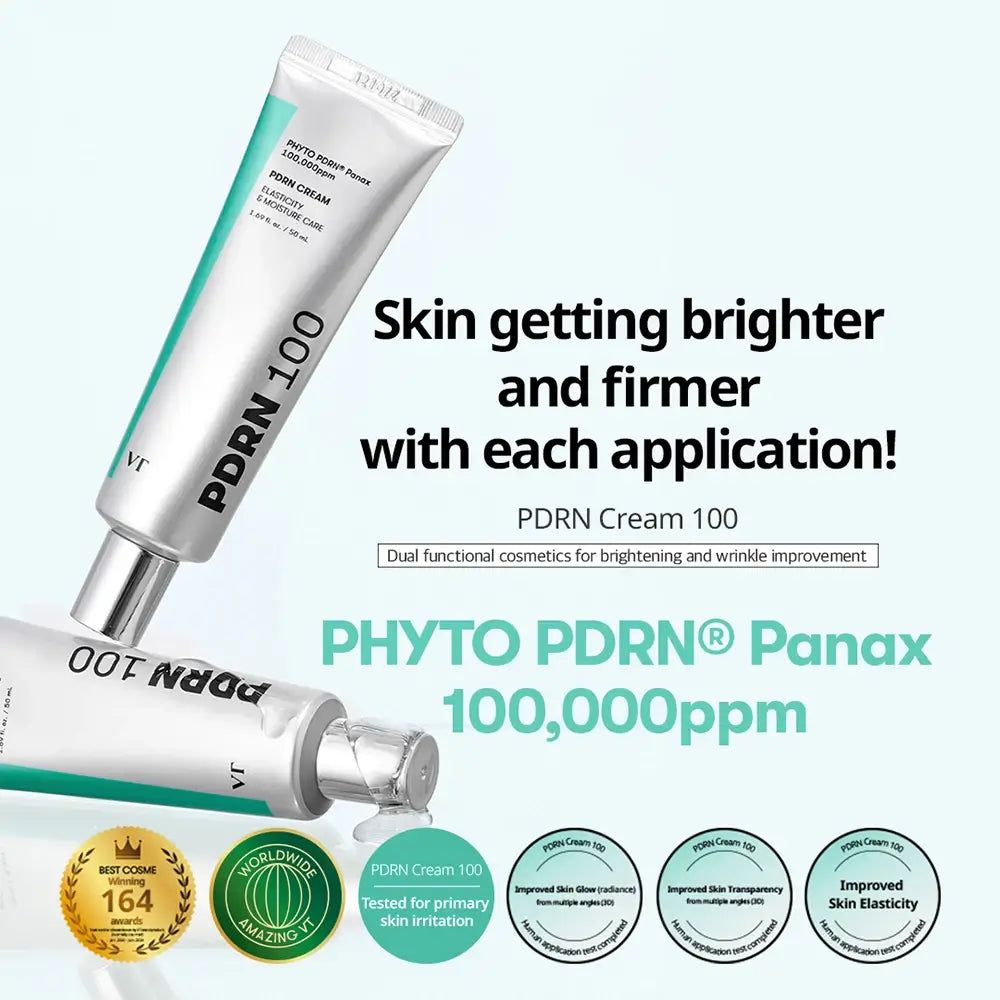 Tubo di crema VT Cosmetics PDRN 100 con tappo argentato e accento turchese.