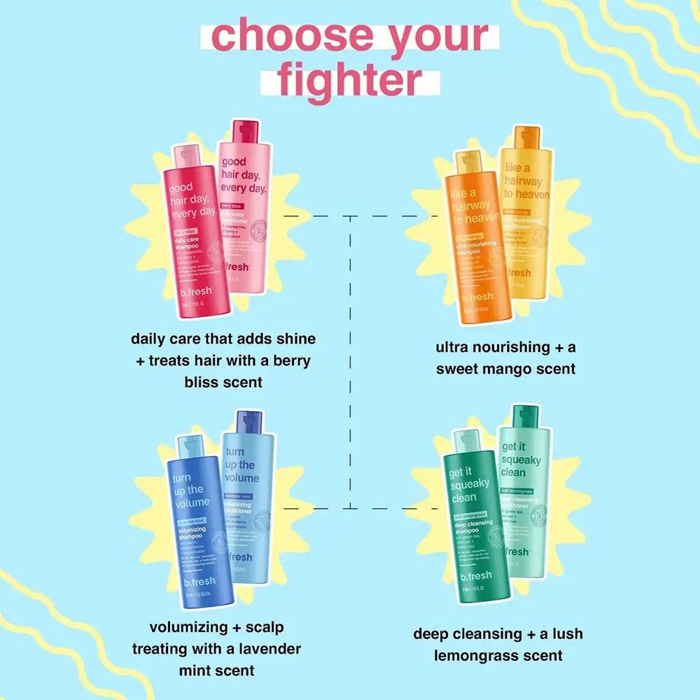 Quattro coppie di prodotti di shampoo b.fresh. "Turn up the volume" in blu. Altri: rosso, arancione, verde. Testo: "choose your fighter".