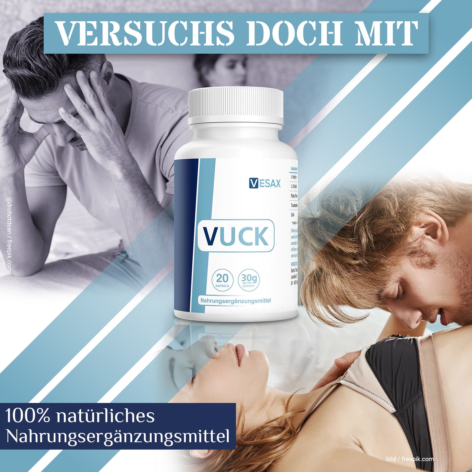 Flacone VUCK, VESAX. Testo: Integratore alimentare naturale al 100%. Sfondo: uomo, donna, coppia. Testo: PROVA CON.