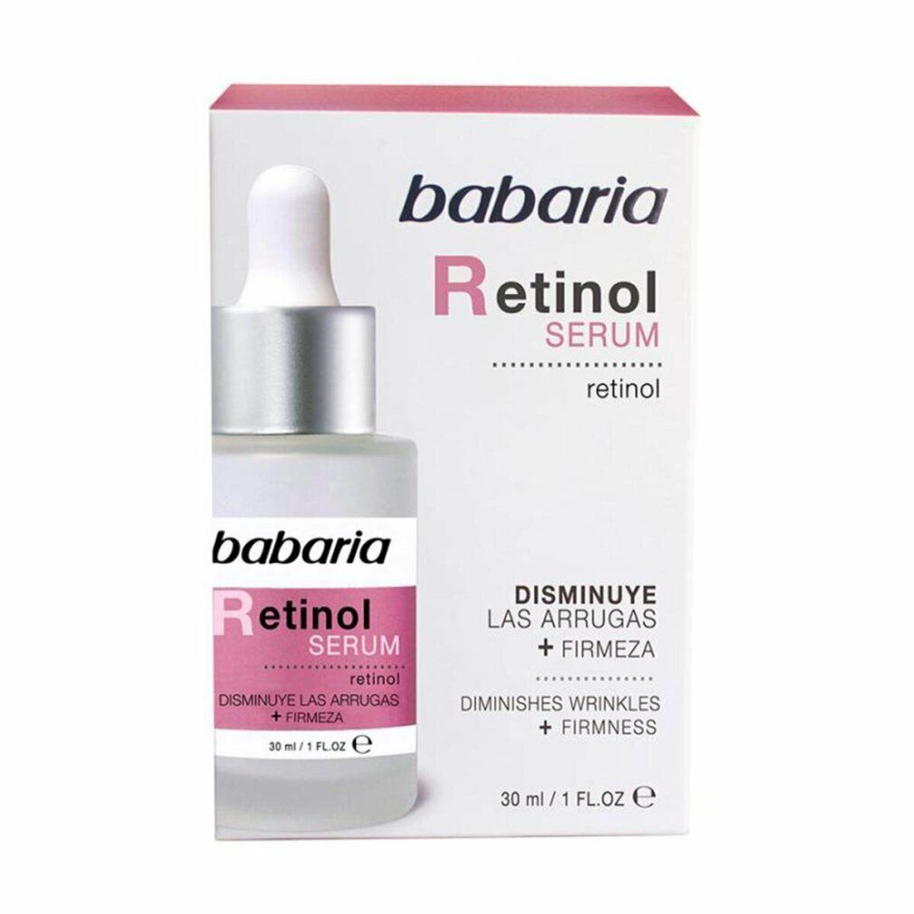 Flacone di siero Babaria Retinol con confezione. Flacone con pipetta, etichetta rosa, scatola bianca con nome e testo del prodotto.