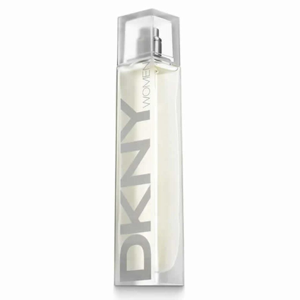 Flacone di profumo rettangolare con scritta DKNY argentata. Tappo trasparente. Liquido visibile.