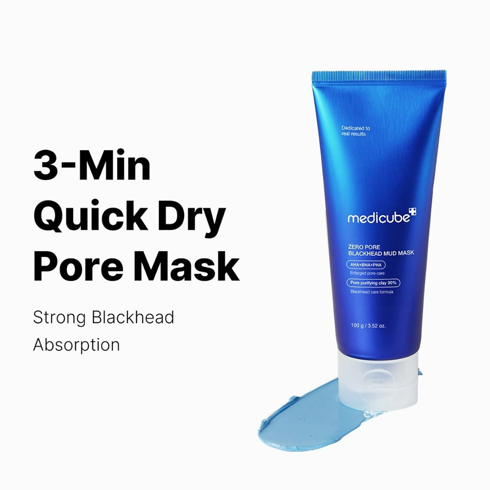 Tubo blu con testo: 3-Min Quick Dry Pore Mask. Scritta: medicube, Zero Pore Blackhead Mud Mask. Testo: AHA+BHA+PHA, Pore purifying clay 30%.