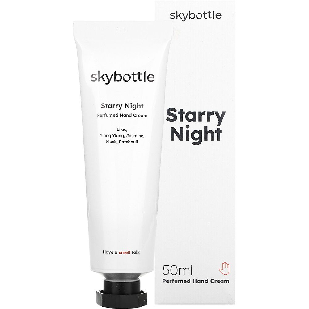 Tubo bianco di crema mani SKYBOTTLE Starry Night e scatola. Testo: Starry Night, 50 ml, simbolo della mano.