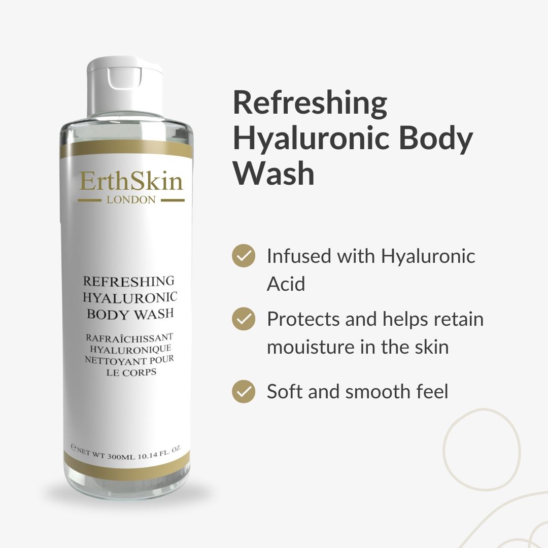 Flacone cilindrico ErthSkin London. Tappo bianco. Testo: Refreshing Hyaluronic Body Wash. Infografica con benefici.