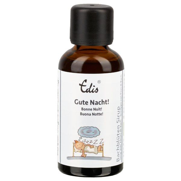 Flacone di vetro marrone con tappo nero. Etichetta con nome del prodotto, illustrazione di una persona che dorme e testo multilingue.