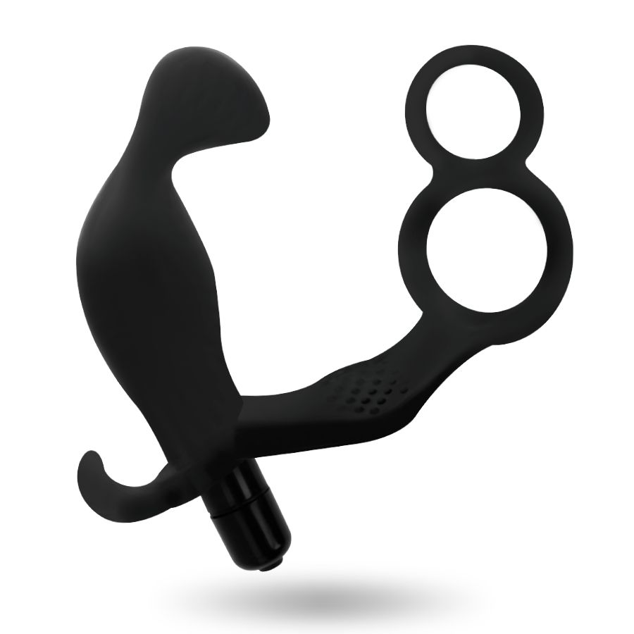 Prodotto benessere nero con doppi anelli per il pene e asta curva. Realizzato in silicone.