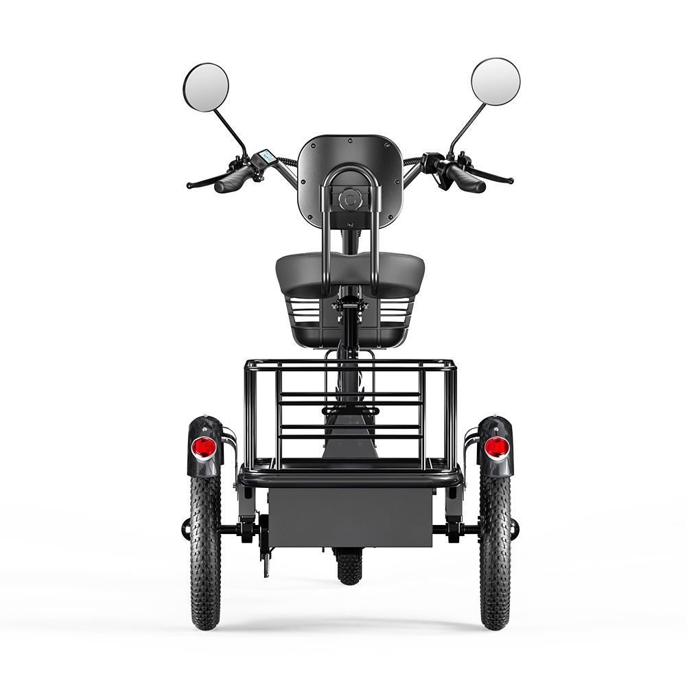 Triciclo cargo grigio, vista frontale, con cestino e portapacchi. Marchio Cysum.