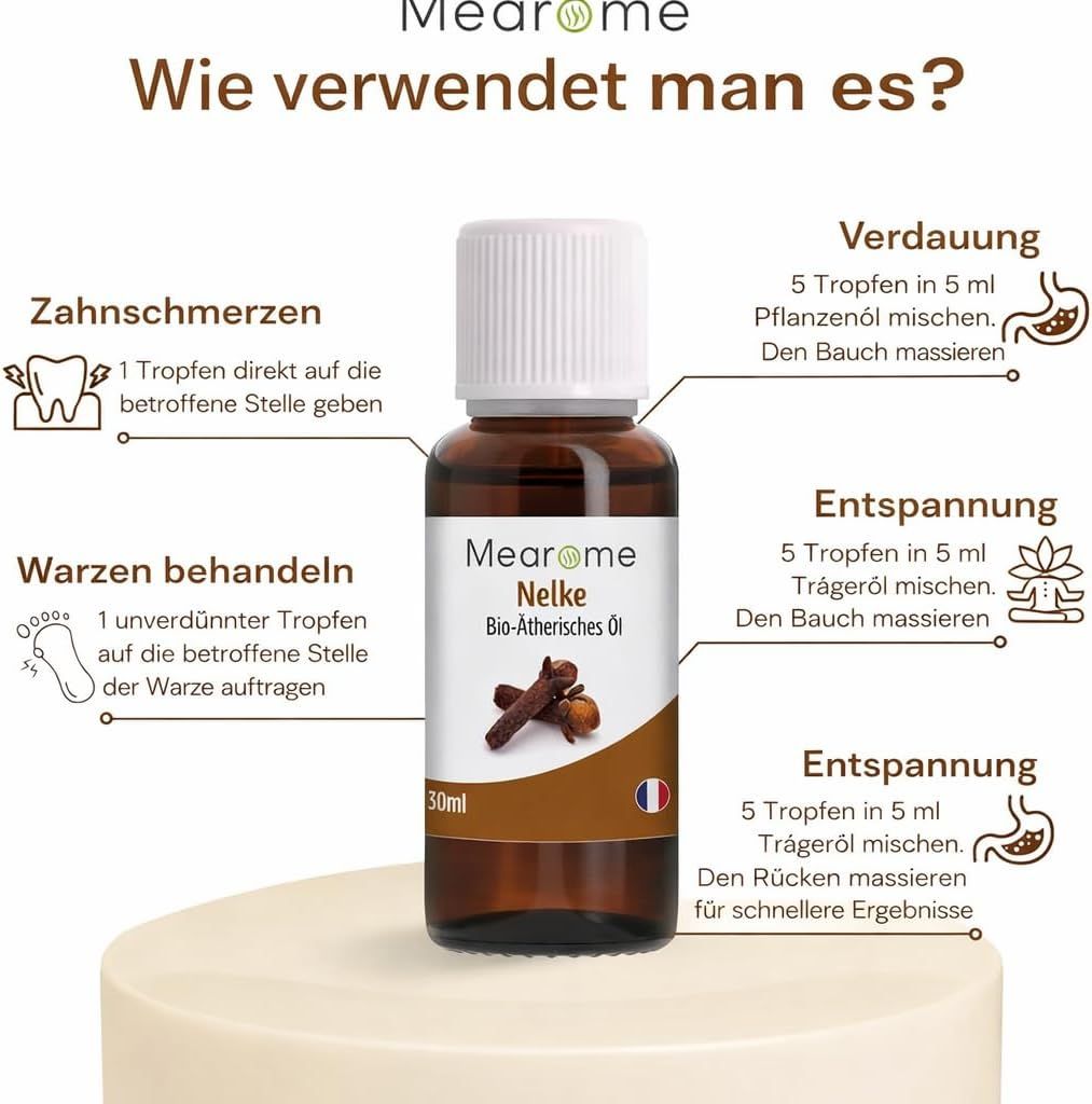 Flacone di prodotto con esempi di utilizzo. Temi: mal di denti, verruche, relax. Bandiera francese.