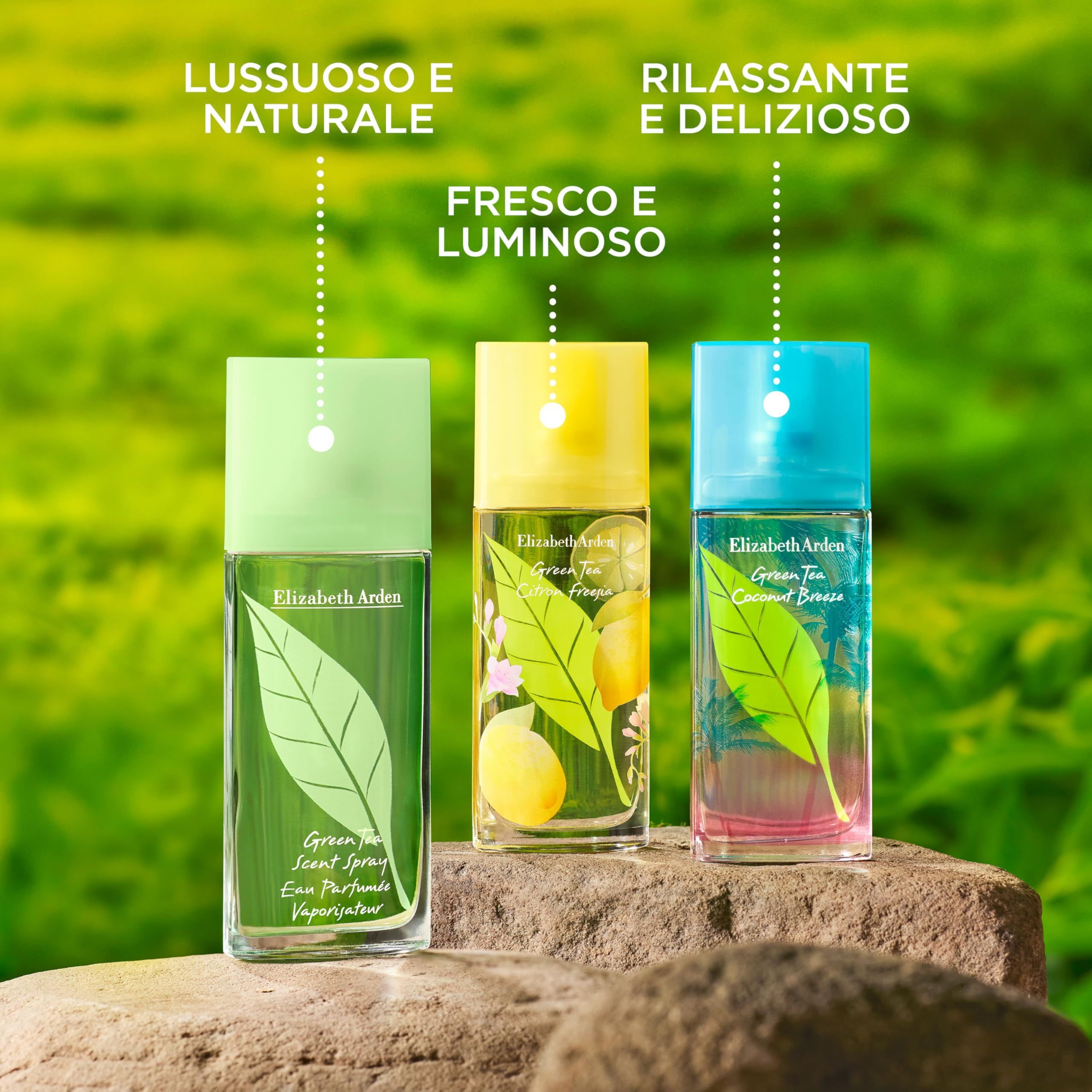 Tre flaconi su una pietra. Scritta: Elizabeth Arden. Testo: LUSSUOSO E NATURALE, FRESCO E LUMINOSO, RILASSANTE E DELIZIOSO.
