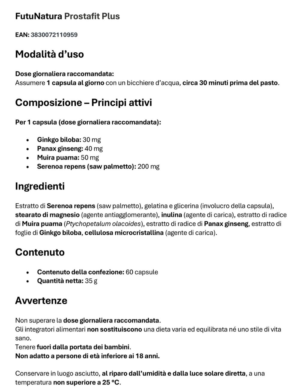 Informazioni sul prodotto FutuNatura Prostafit Plus. Ingredienti, uso, avvertenze.