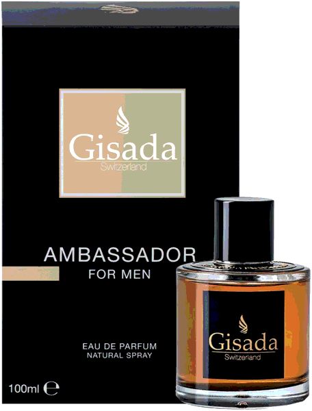 Flacone di profumo con tappo nero e confezione. L'etichetta indica "Gisada Switzerland".