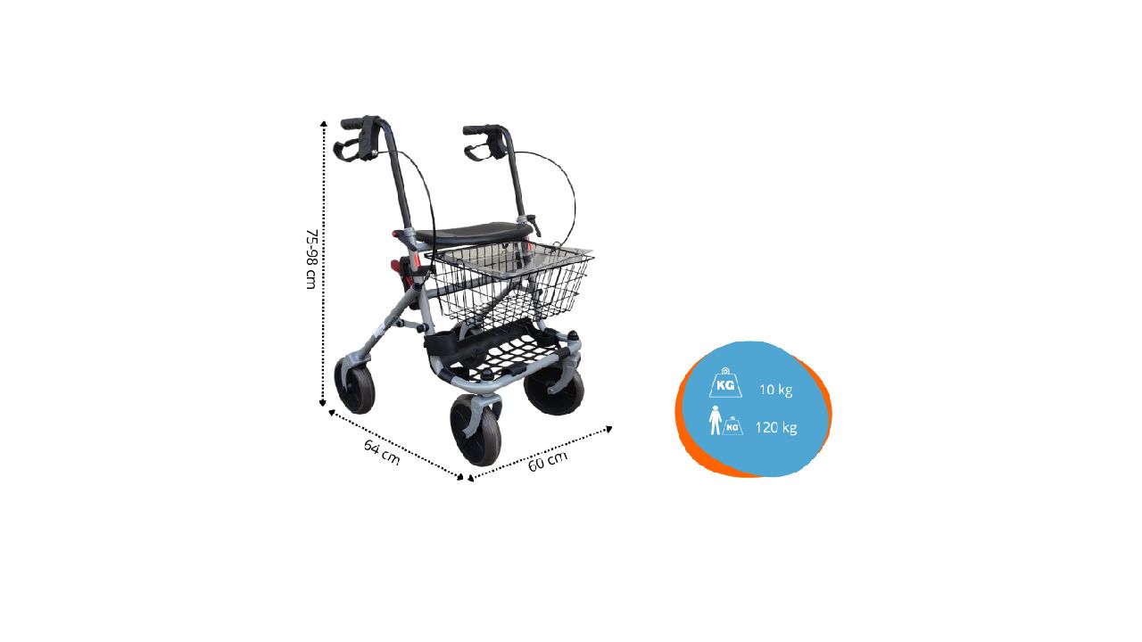 Deambulatore a 4 ruote, cestino e freni. Dimensioni: 72-98 cm altezza, 64 cm larghezza, 63 cm profondità. 10 kg, 130 kg max.