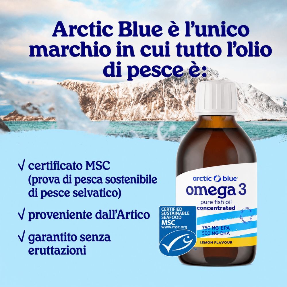 Bottiglia Arctic Blue Omega 3 davanti a montagne artiche, certificata MSC.