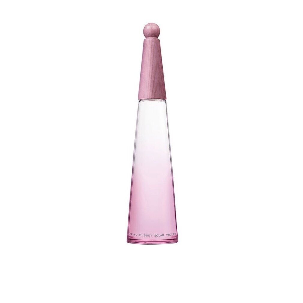 Flacone rosa con tappo in legno. Scritta: L'Eau d'Issey Solar Violet. Sfumatura da trasparente a rosa.