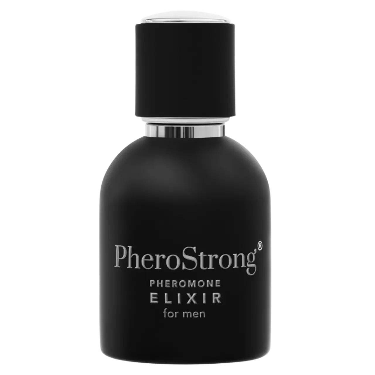 Flacone nero con tappo argentato. Scritta: PheroStrong Pheromone Elixir for men.