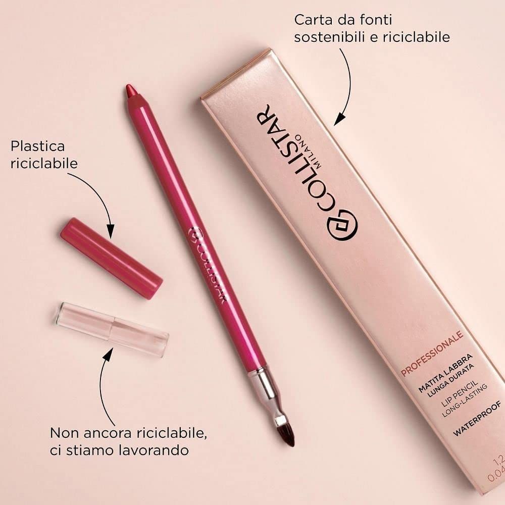 Matita labbra rosa, confezione e cappuccio trasparente. Testo: plastica riciclabile, carta sostenibile.