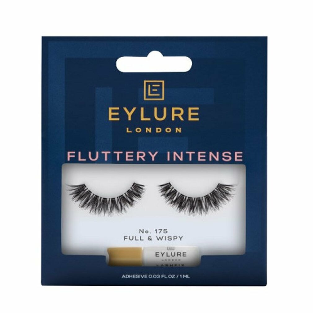 Eylure Ciglia Intense Fluttuanti 175. Ciglia nere, colla e confezione. Scritta: Fluttery Intense, No. 175 Full & Wispy.